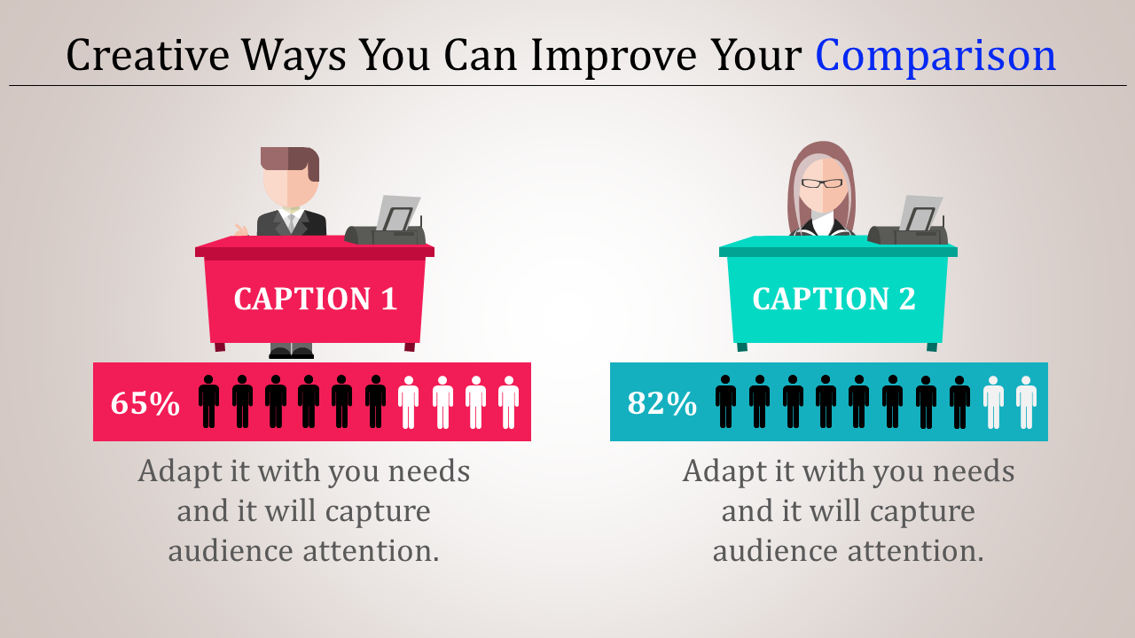 Side by side comparison template with male and female icons at desks, illustrating percentages with red and blue bars.