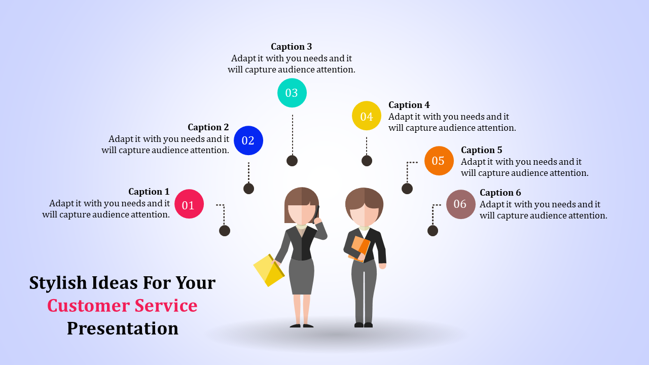 Customer service slide featuring two illustrated characters with six colored captions for audience engagement.