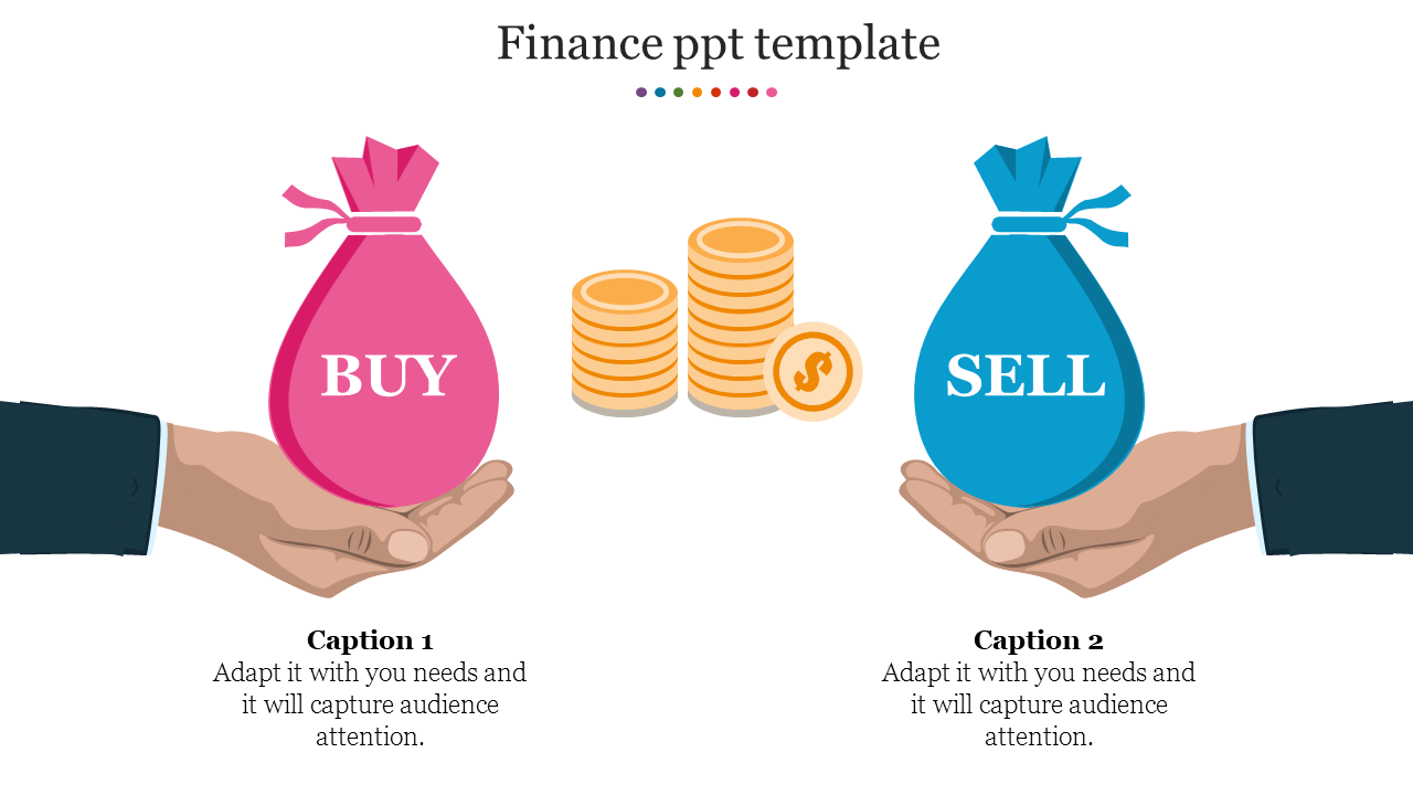 Finance slide showing pink buy and blue sell bags in hands, with stacked coins in the center.