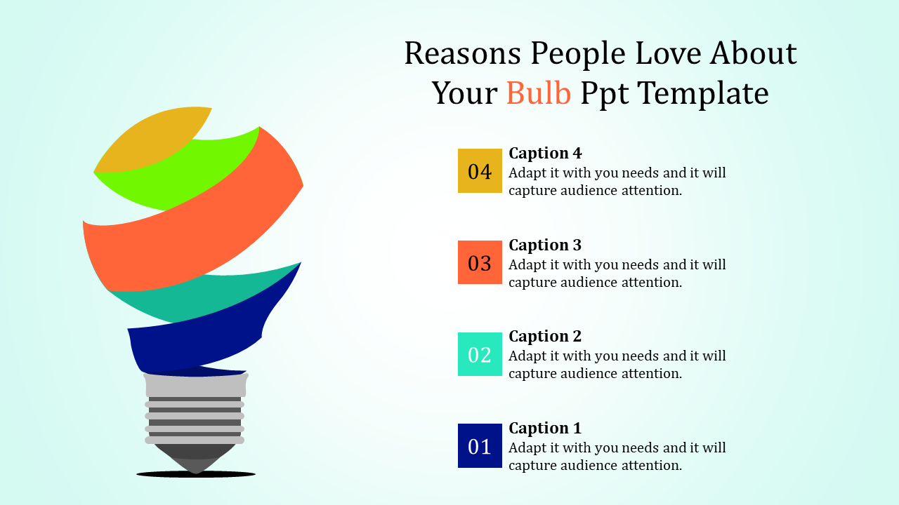 Infographic style PowerPoint slide featuring a light bulb with colorful spiral layers and numbered sections.