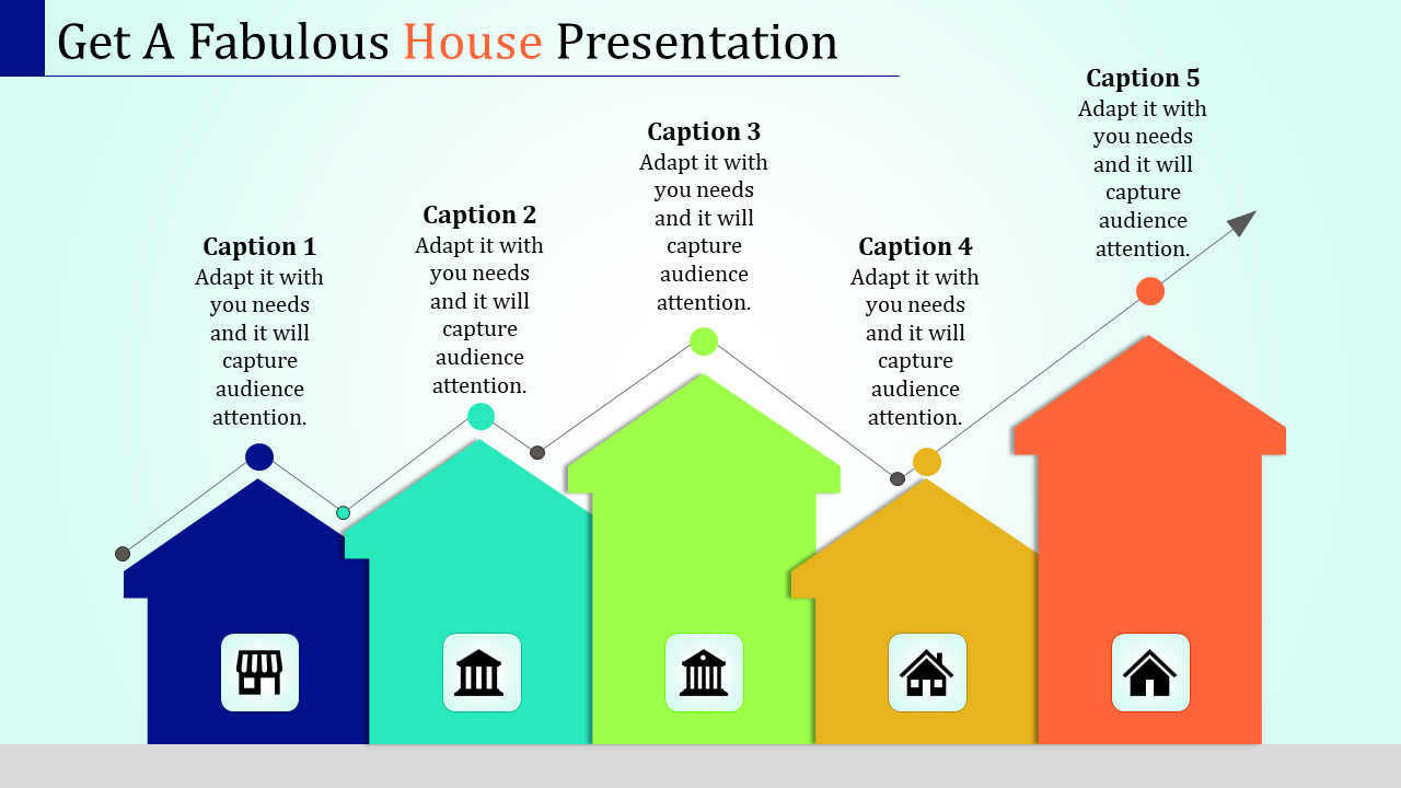 House themed slide with colorful house icons in an ascending layout, each with captions.