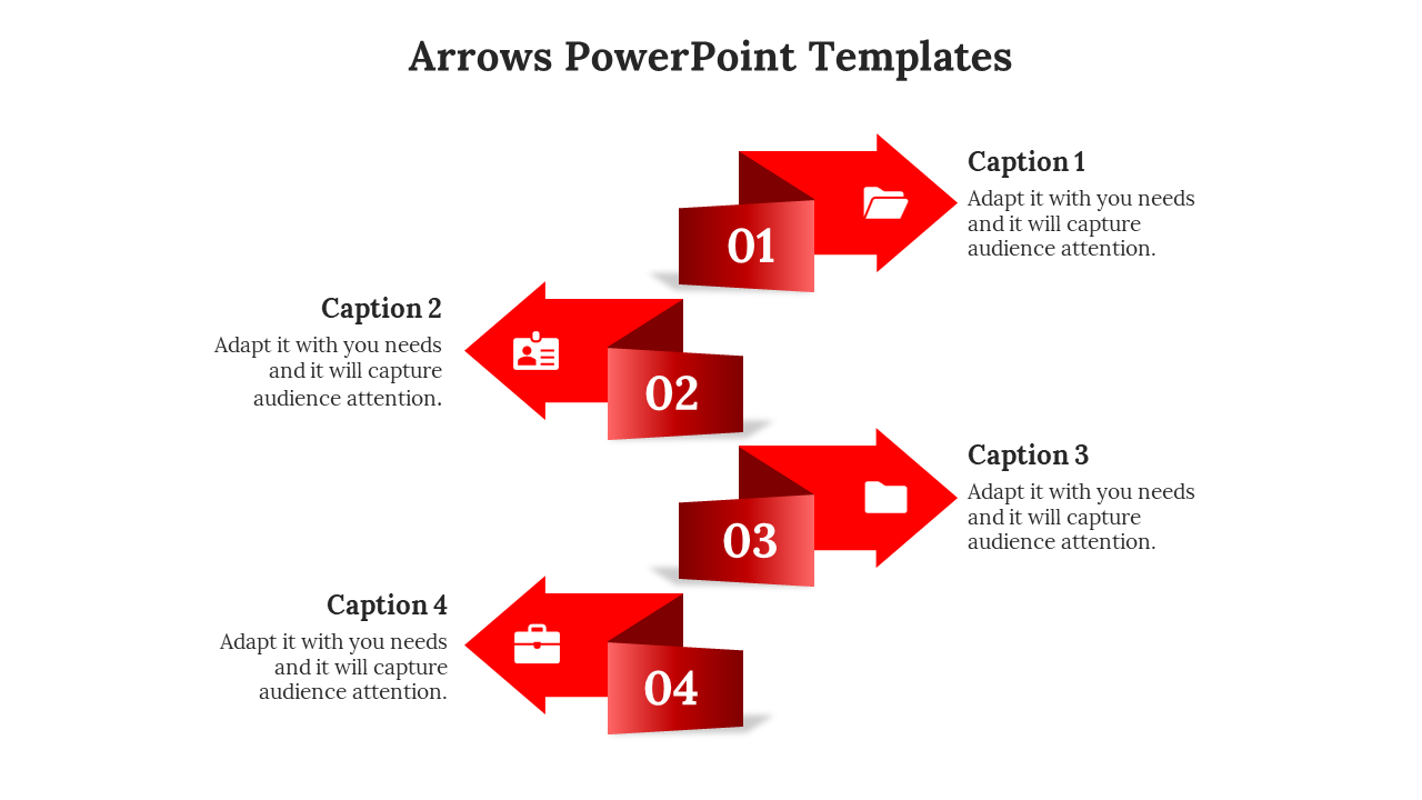 Arrows PowerPoint template with four red arrows labeled 01, 02, 03, and 04, each pointing towards different icons.