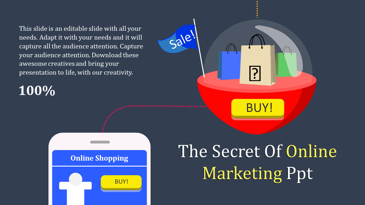 Online marketing PowerPoint template with a shopping mobile screen and a shopping cart full of bags with captions.