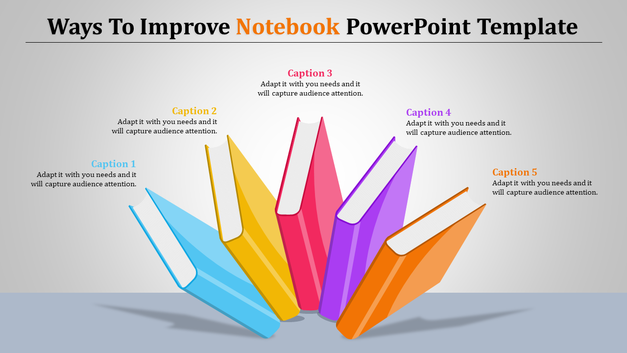 Colorful 3D books in blue, yellow, pink, purple, and orange arranged in a fan shape with captions around it.