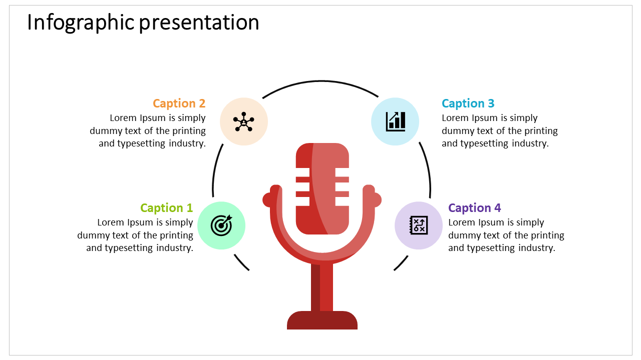 Red microphone graphic at the center with four circular icons in pastel colors arranged in a semicircle around it.