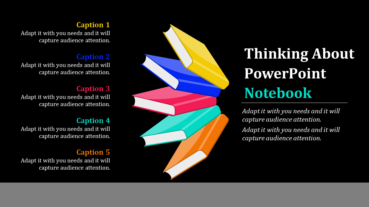 Slide showing five vibrant notebooks with text describing how to adapt content for audience engagement.