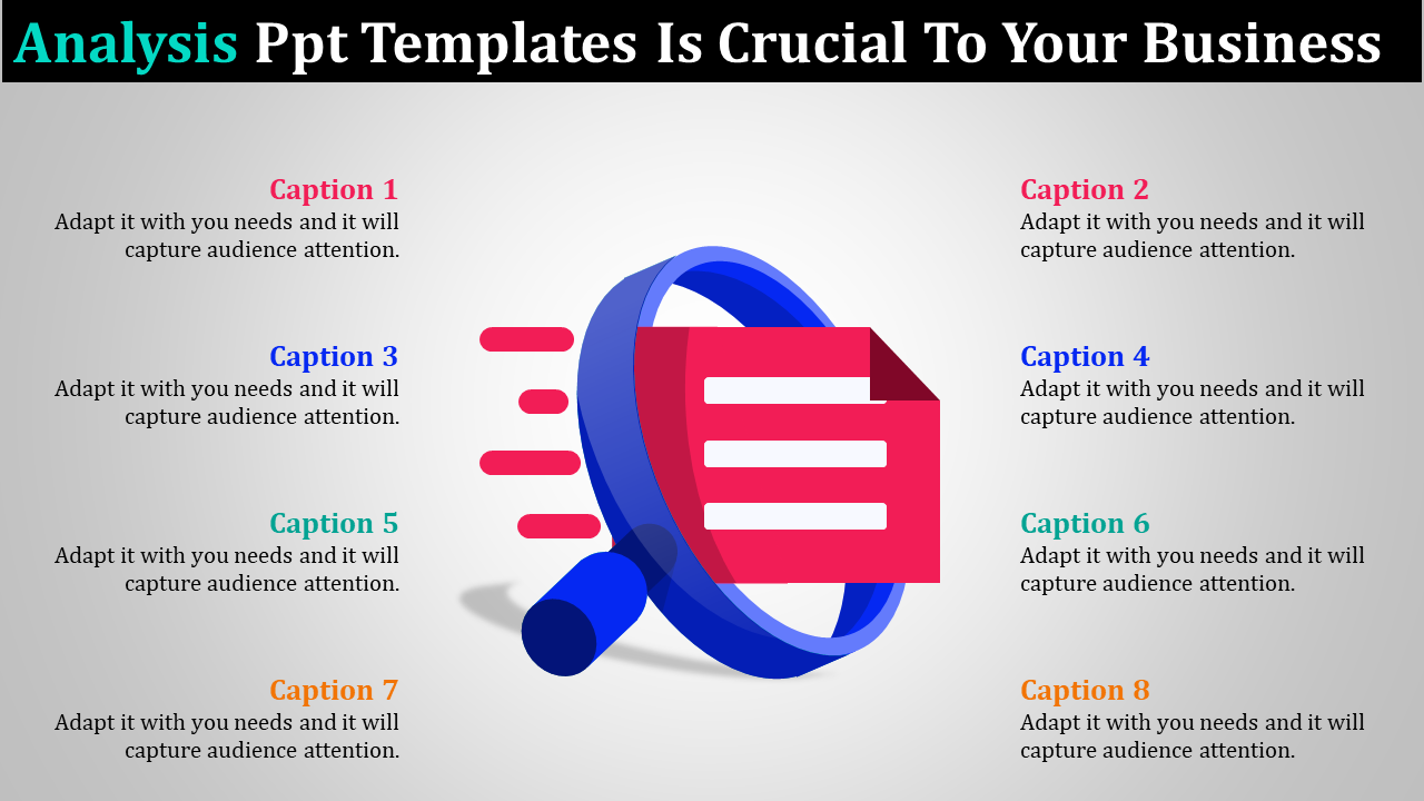 Analysis themed PowerPoint template with a colorful magnifying glass, document icon, and sections for captions.