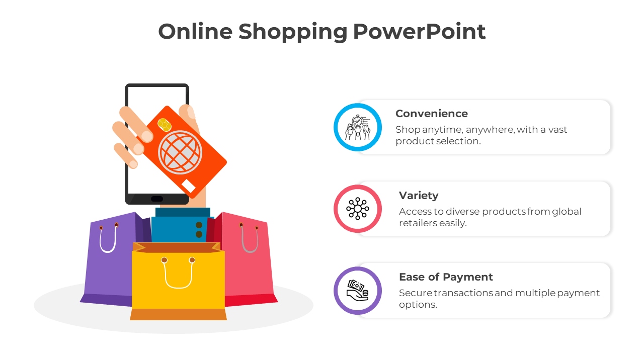 Modern online shopping slide with colorful shopping bags, a smartphone, and a hand holding a card.