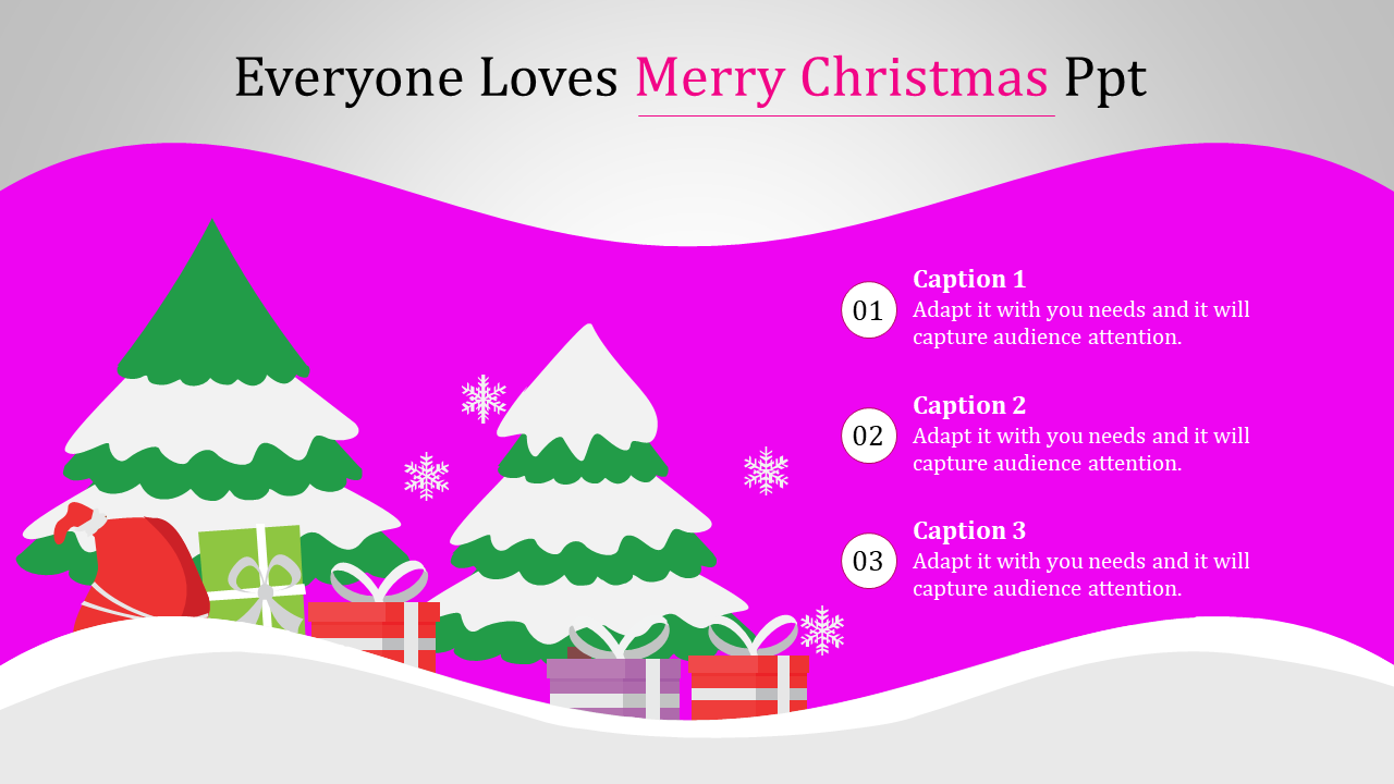 Christmas-themed slide with snow-covered trees, gift boxes, and decorative captions on a pink and white background.