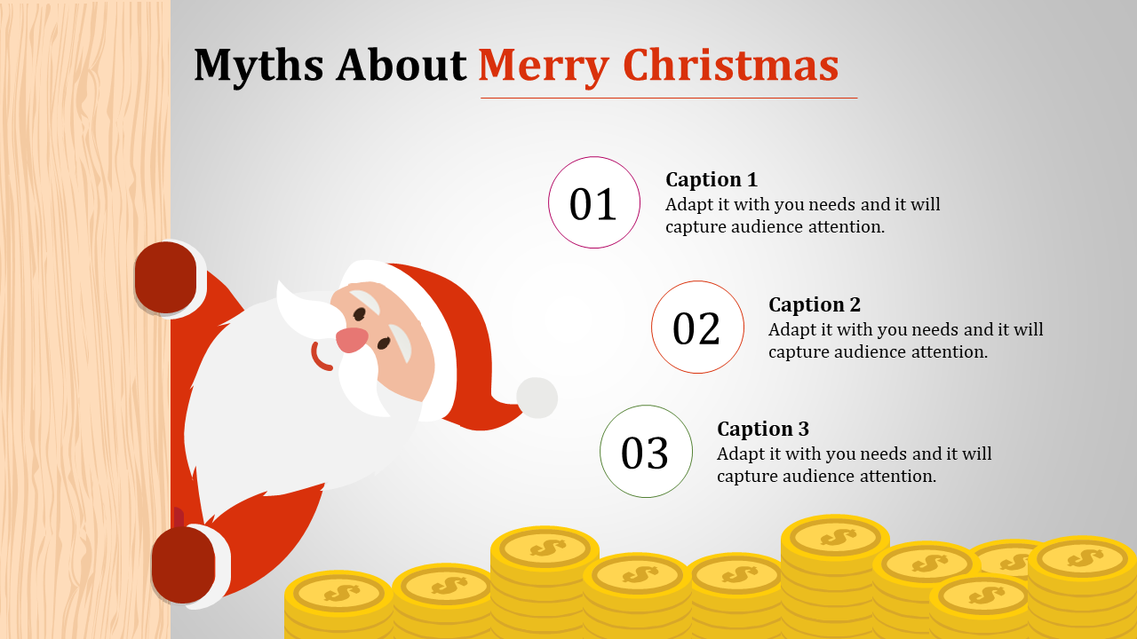 Santa Claus peeking from a wooden wall, gold coins at the bottom, and three numbered captions on a white gradient background.