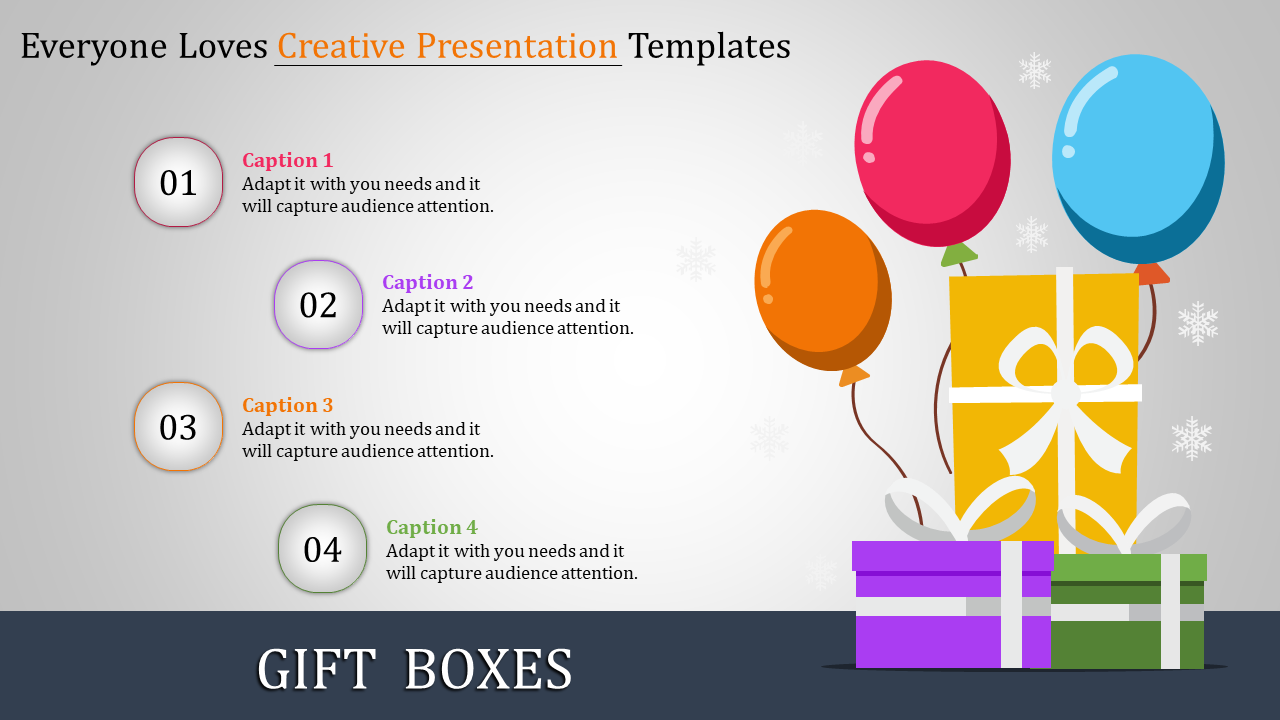 Creative presentation template with gift boxes and balloons with captions and placeholder text.