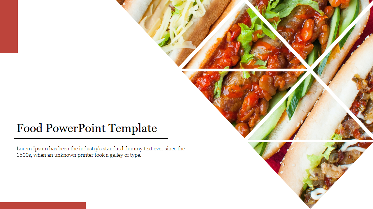 Food PowerPoint template featuring a creative collage of food items in triangular sections with placeholder text.