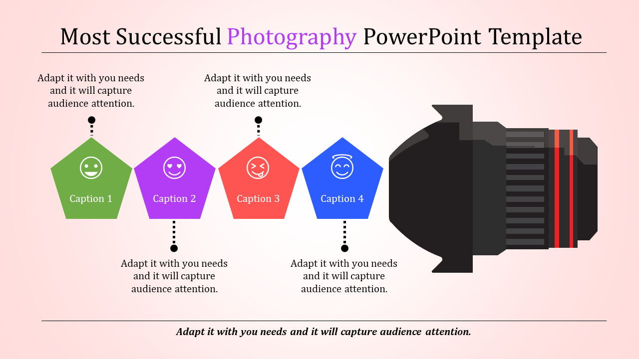 Photography slide with four colorful pentagon captions in green, purple, red, and blue, leading to a camera lens graphic.