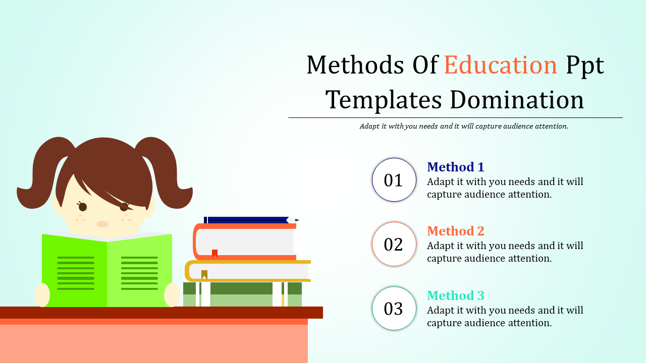 Illustration of a child reading, books on a desk, and three numbered colorful points outlining methods of education.