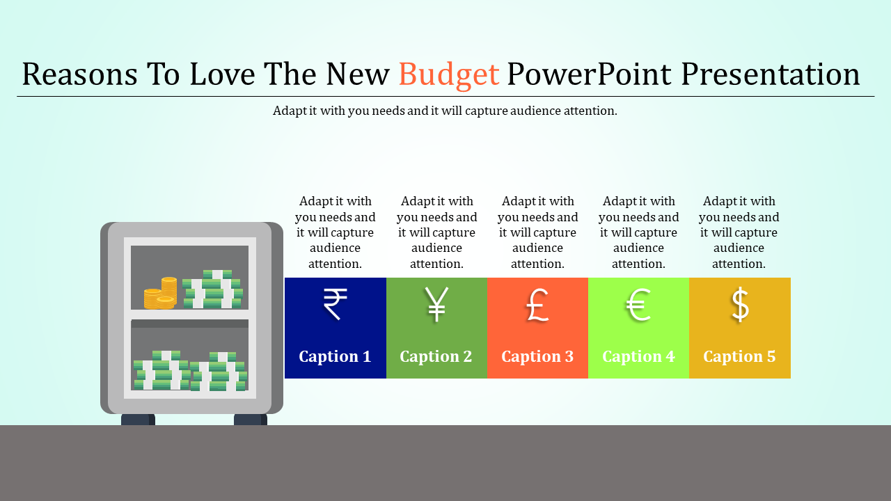 Budget themed slide with a safe containing cash on the left and colorful currency symbol boxes with captions on the right.