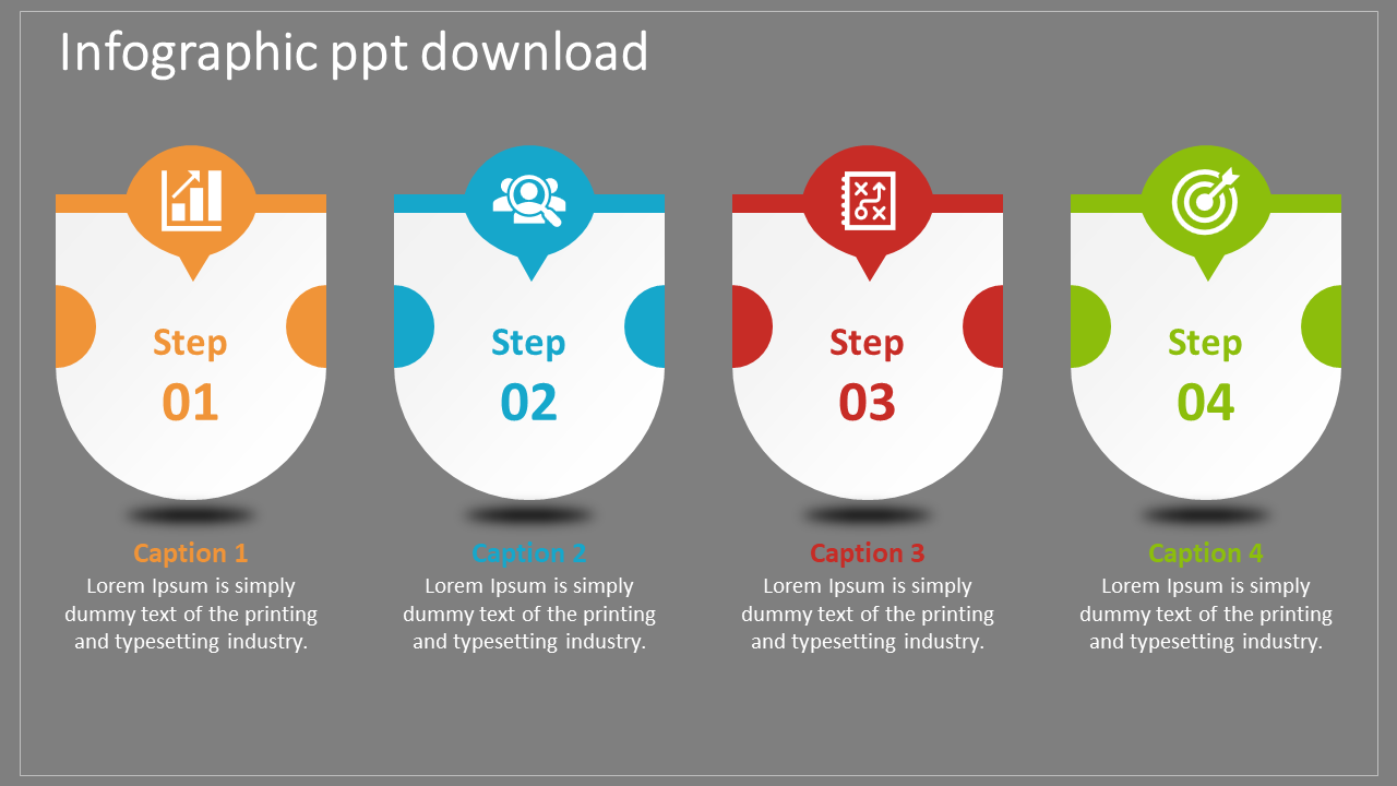 Infographic PowerPoint slide with four steps highlighted, each accompanied by a distinct icon and caption.