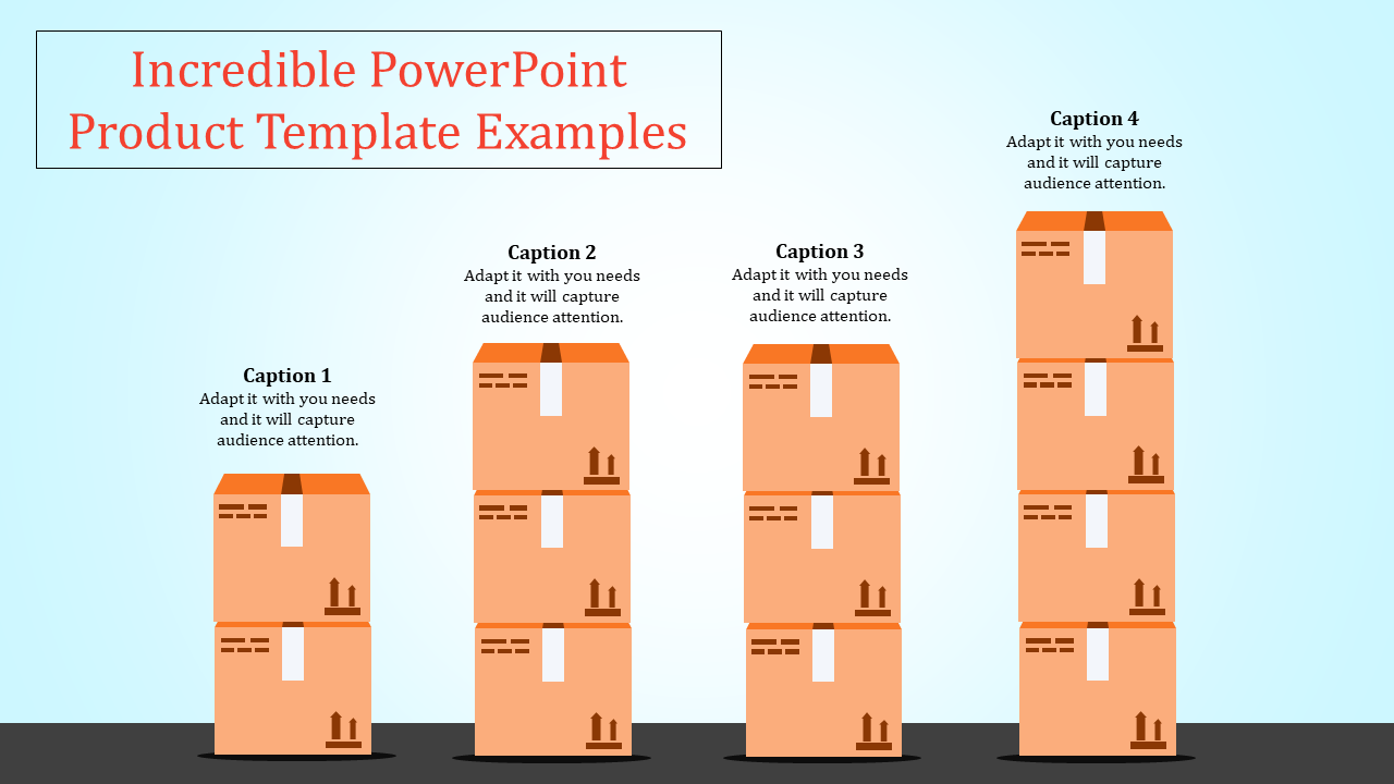 PowerPoint slide showcasing product boxes with percentage based captions on a light blue theme.