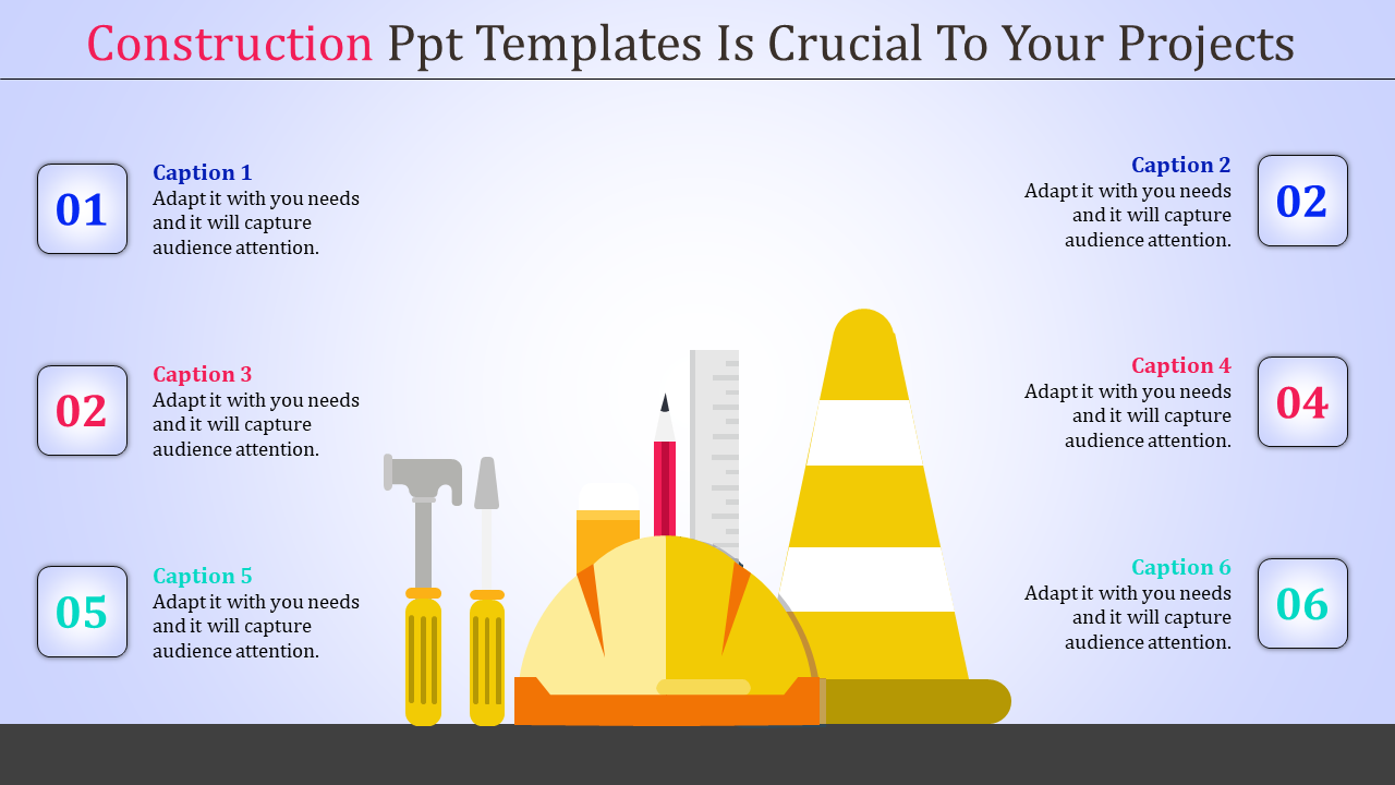 Construction themed PowerPoint slide with six numbered captions and icons of tools like a cone, hammer, and screwdriver.