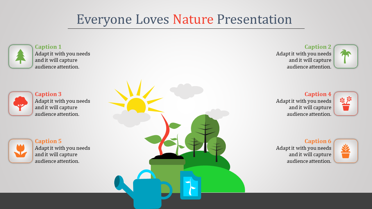 Nature presentation template showing trees, a sun, a watering can, and plants in a bright, colorful design with captions.