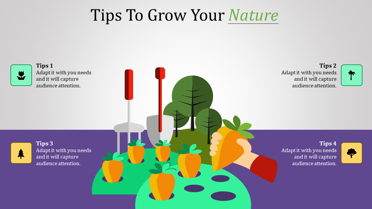 Nature tips PowerPoint template featuring gardening tools, plants, and nature themed icons for each tip.