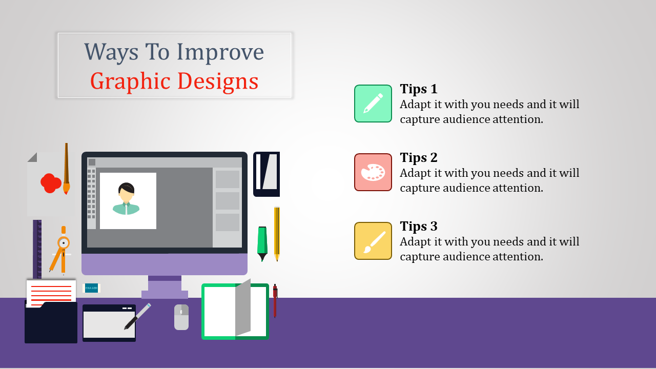 Illustration of a graphic design desk setup with three tips in green, red, and yellow icons.