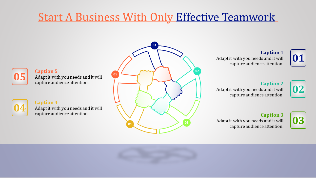 Effective teamwork PowerPoint template with circular diagram and colorful icons for each team step with captions.