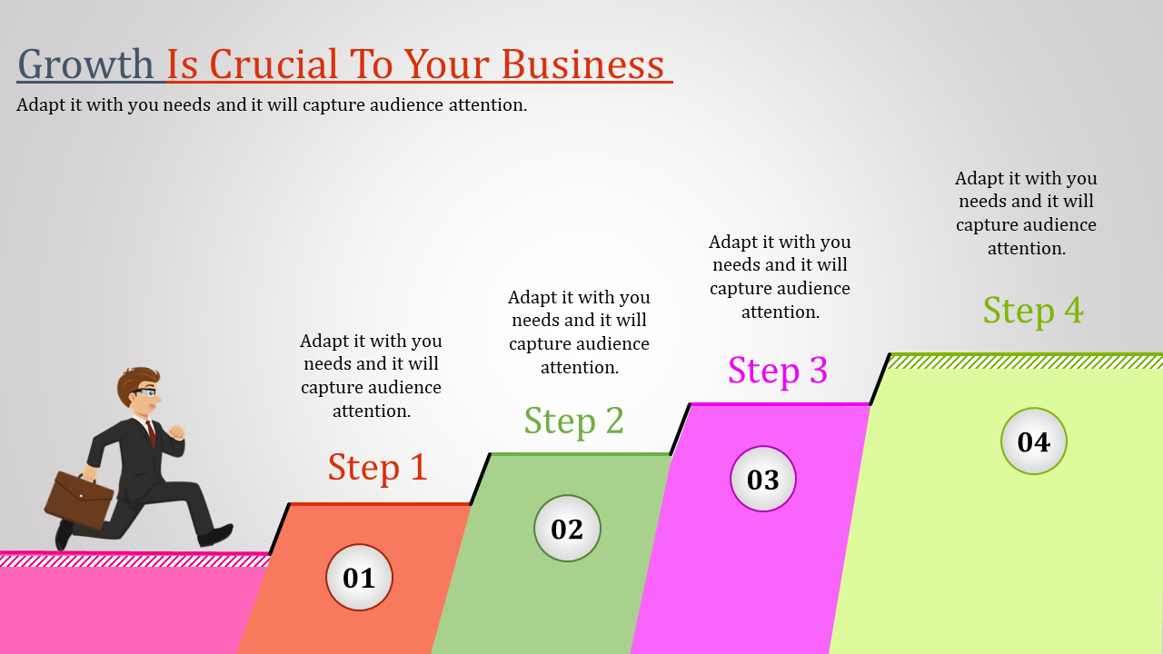 Illustration of a business man running on four colorful steps in orange, green, pink, and yellow, with numbered steps.