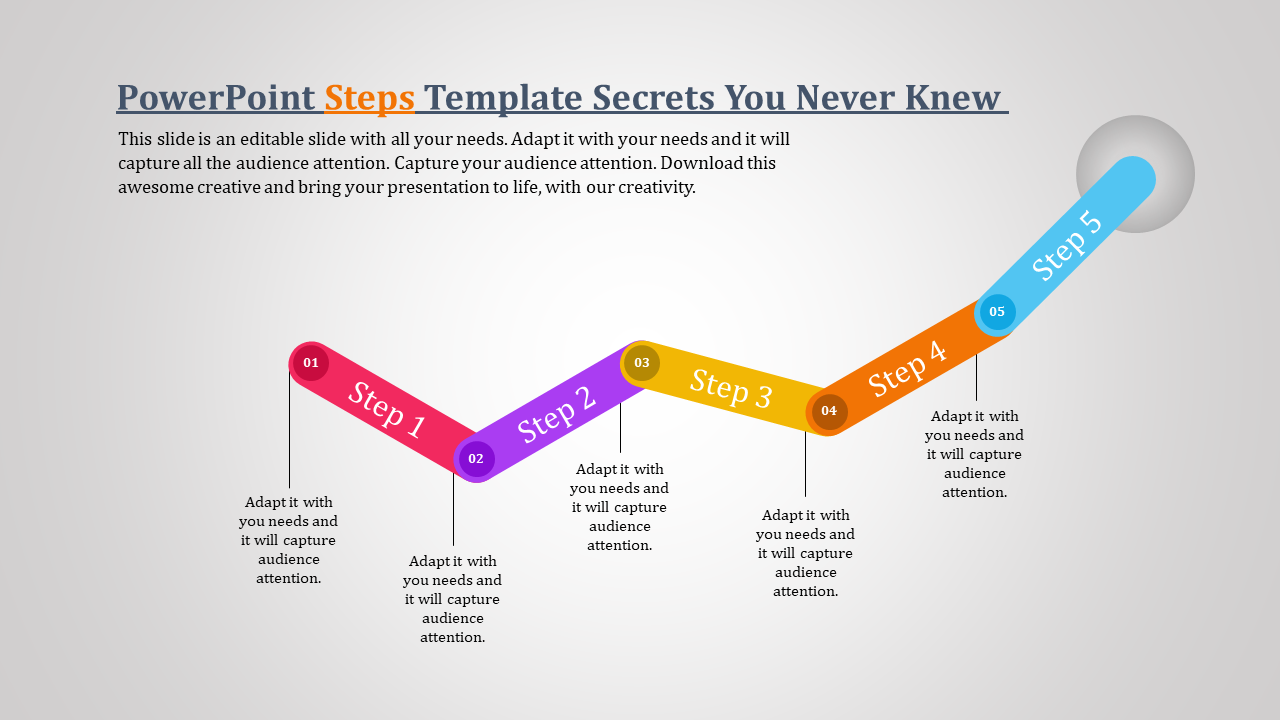 PPT slide with five colorful steps labeled from steps 1 to 5 with corresponding captions and a progress bar design.