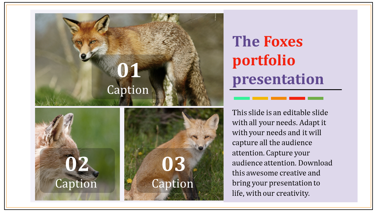 Foxes portfolio presentation slide featuring three fox images with captions and a text section on the right.