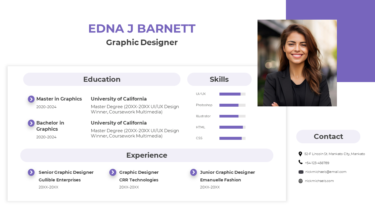 Modern design featuring a profile picture, contact info, education, skills, and experience with purple highlights.