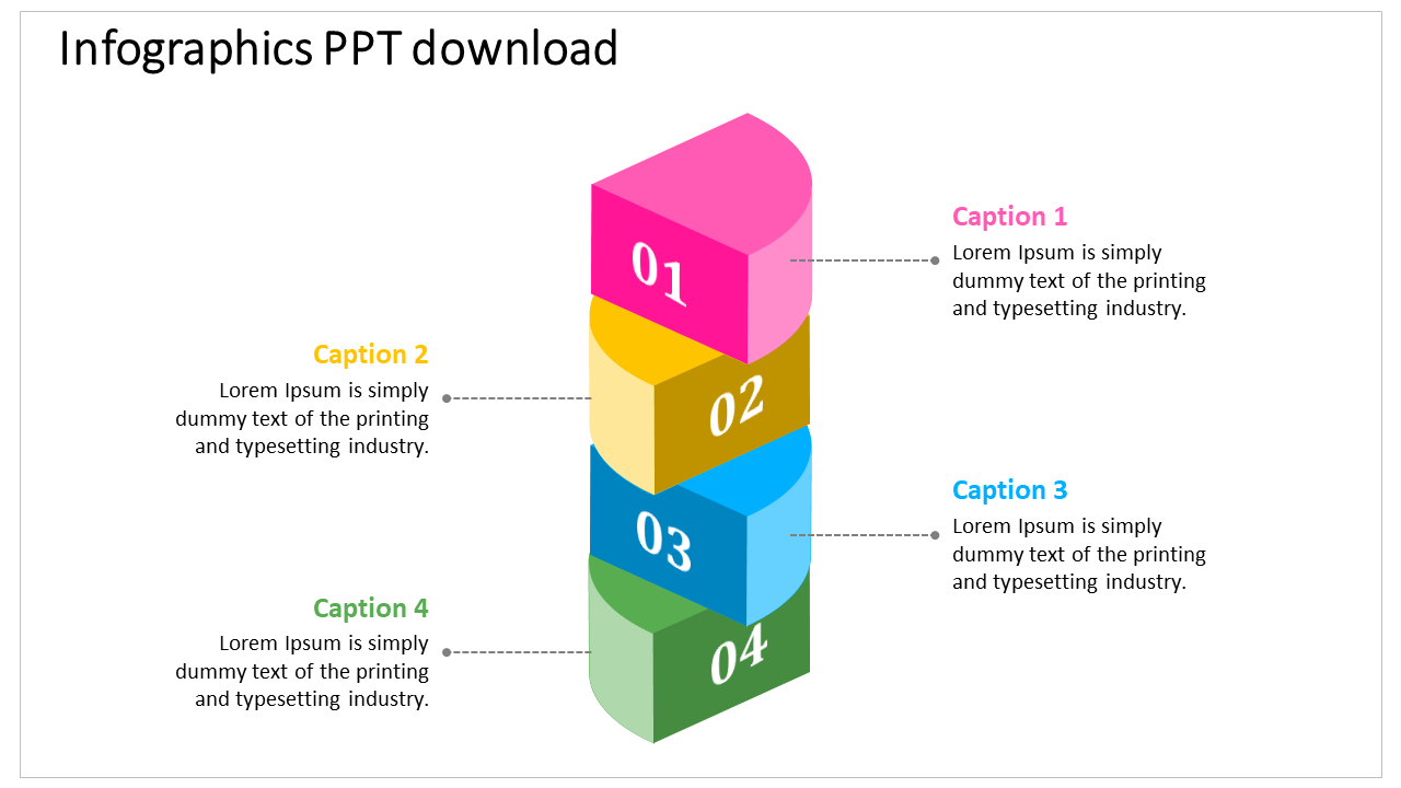 Stacked blocks infographic with four colorful layers in pink, yellow, blue, and green, each labeled 01 to 04.