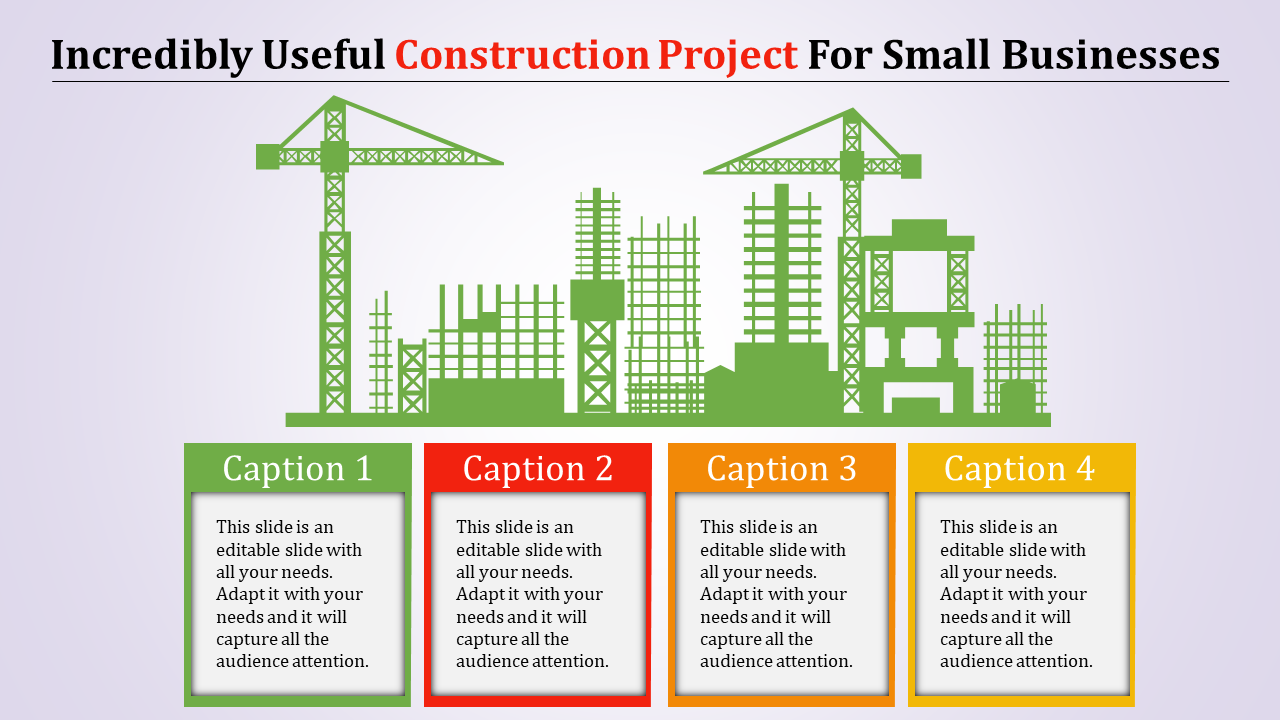 A construction site illustration with cranes, paired with four colorful caption boxes in green, red, orange, and yellow.