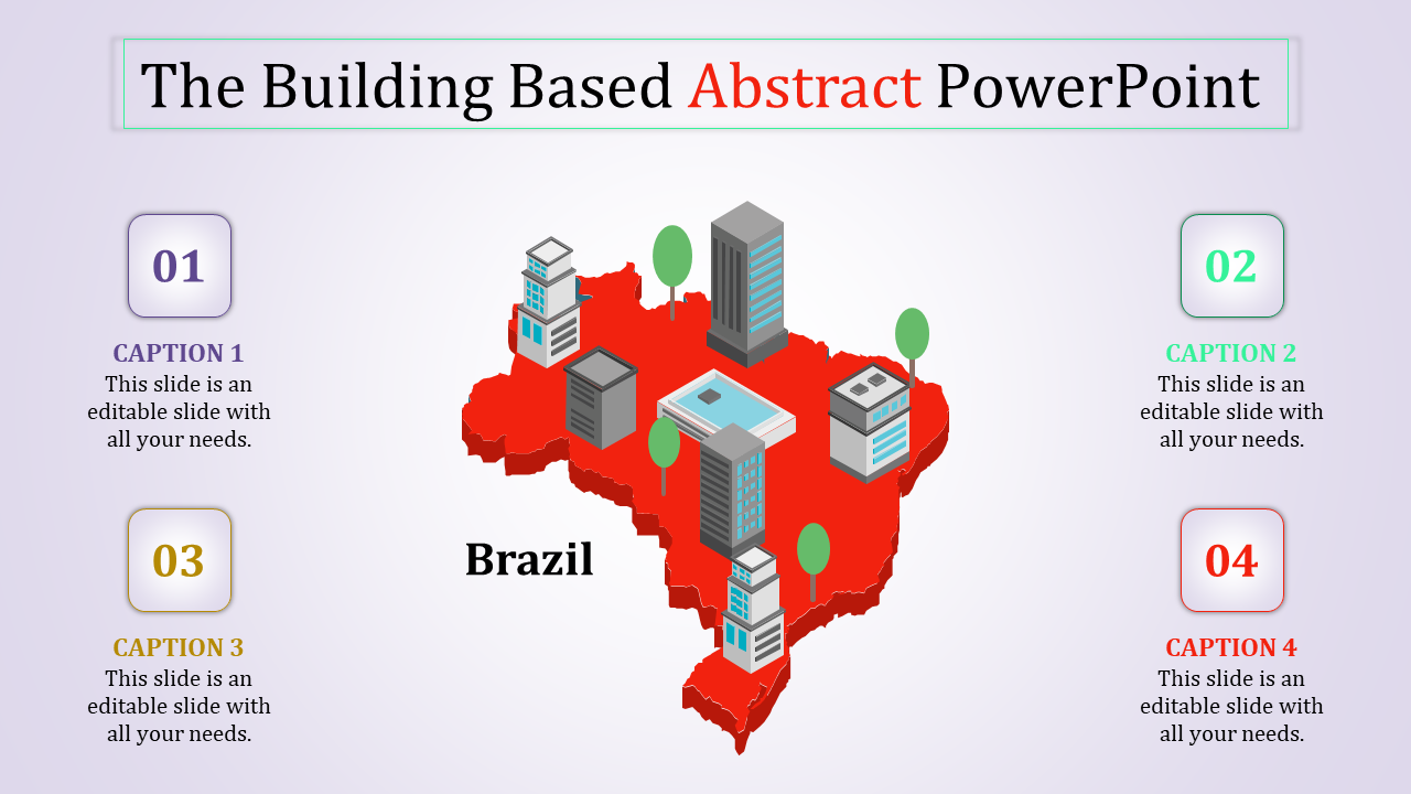 Abstract PowerPoint slide featuring a 3D map of Brazil with buildings and trees, surrounded by four numbered captions.