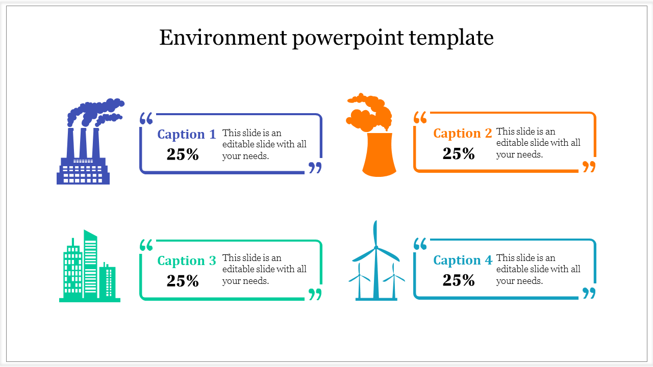 Four environmental icons paired with captions and percentages in blue, orange, green, and teal text boxes.