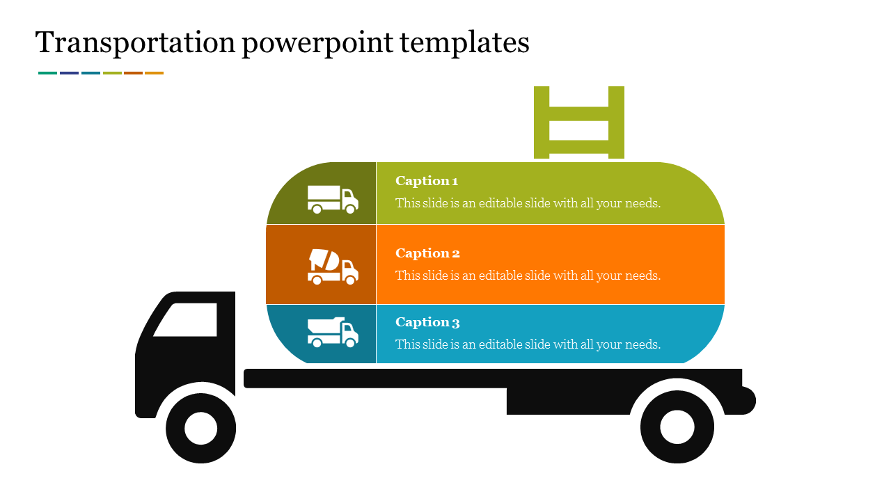 Slide with a truck icon carrying a load divided into three colorful parts, each containing an icon and text.