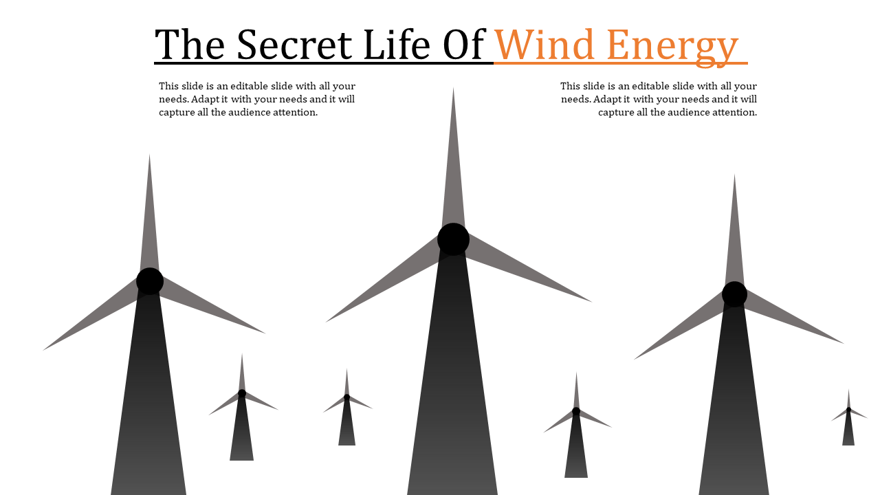 Energy slide with title and seven black wind turbines of varying sizes on a white background.