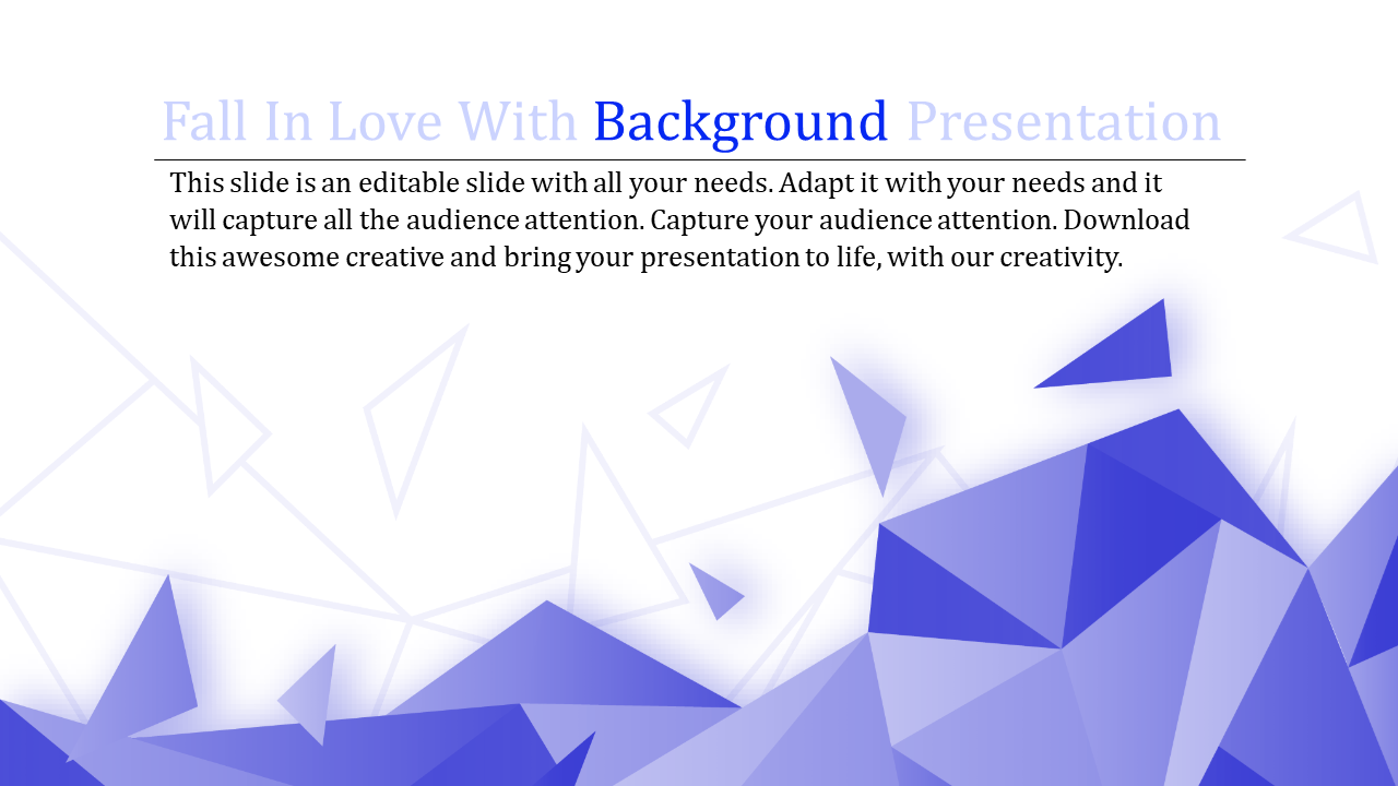 Abstract geometric PowerPoint slide design with blue triangular shapes and a clean white background.