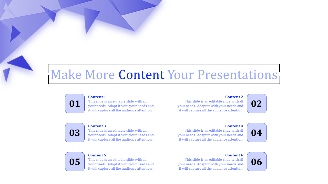 A vibrant content PowerPoint slide with blue geometric shapes and numbered sections.