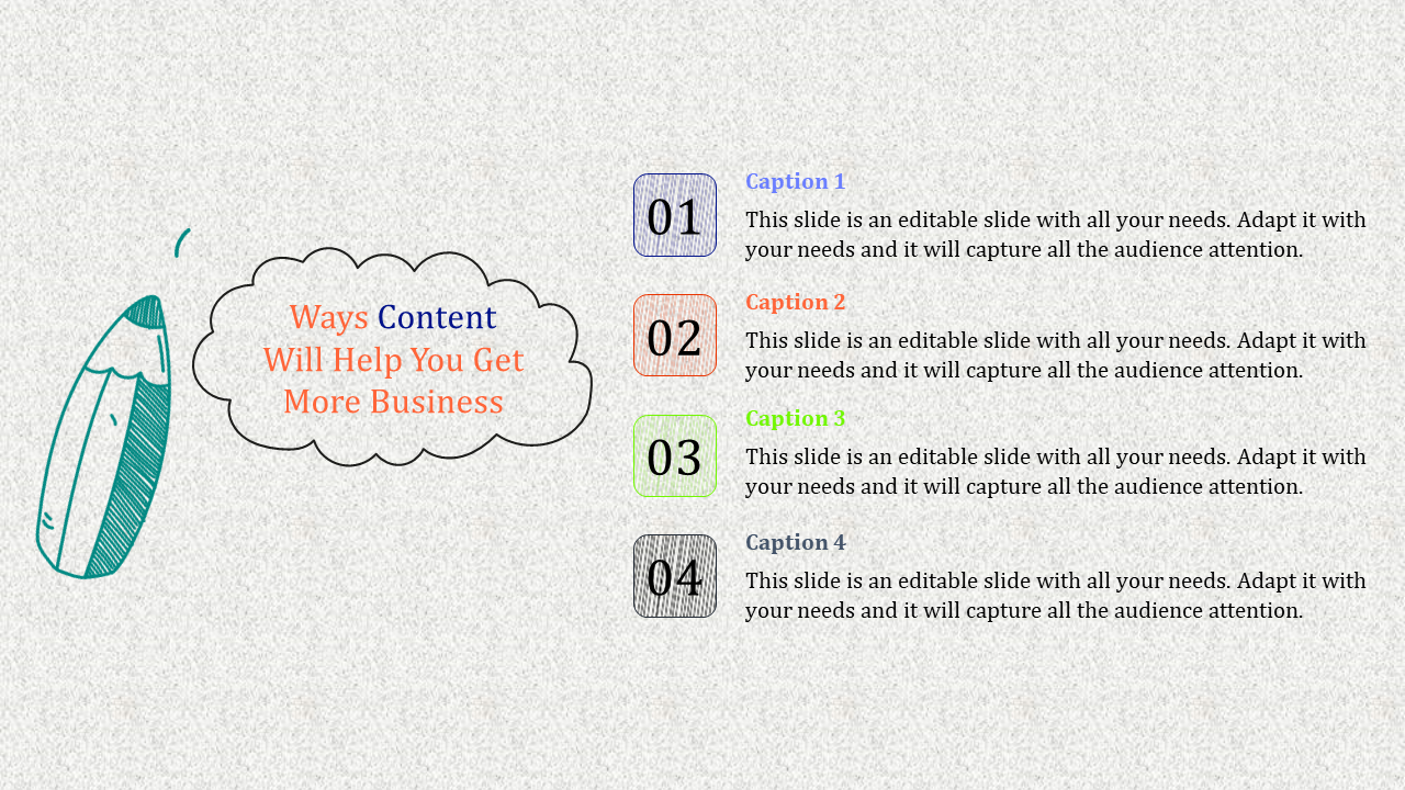 Content focused PowerPoint slide with colorful numbered boxes and a pencil illustration with captions.