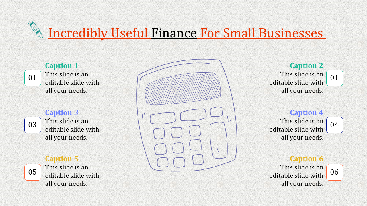 Hand-drawn calculator illustration for finance entered, with six numbered placeholders text areas on both sides.