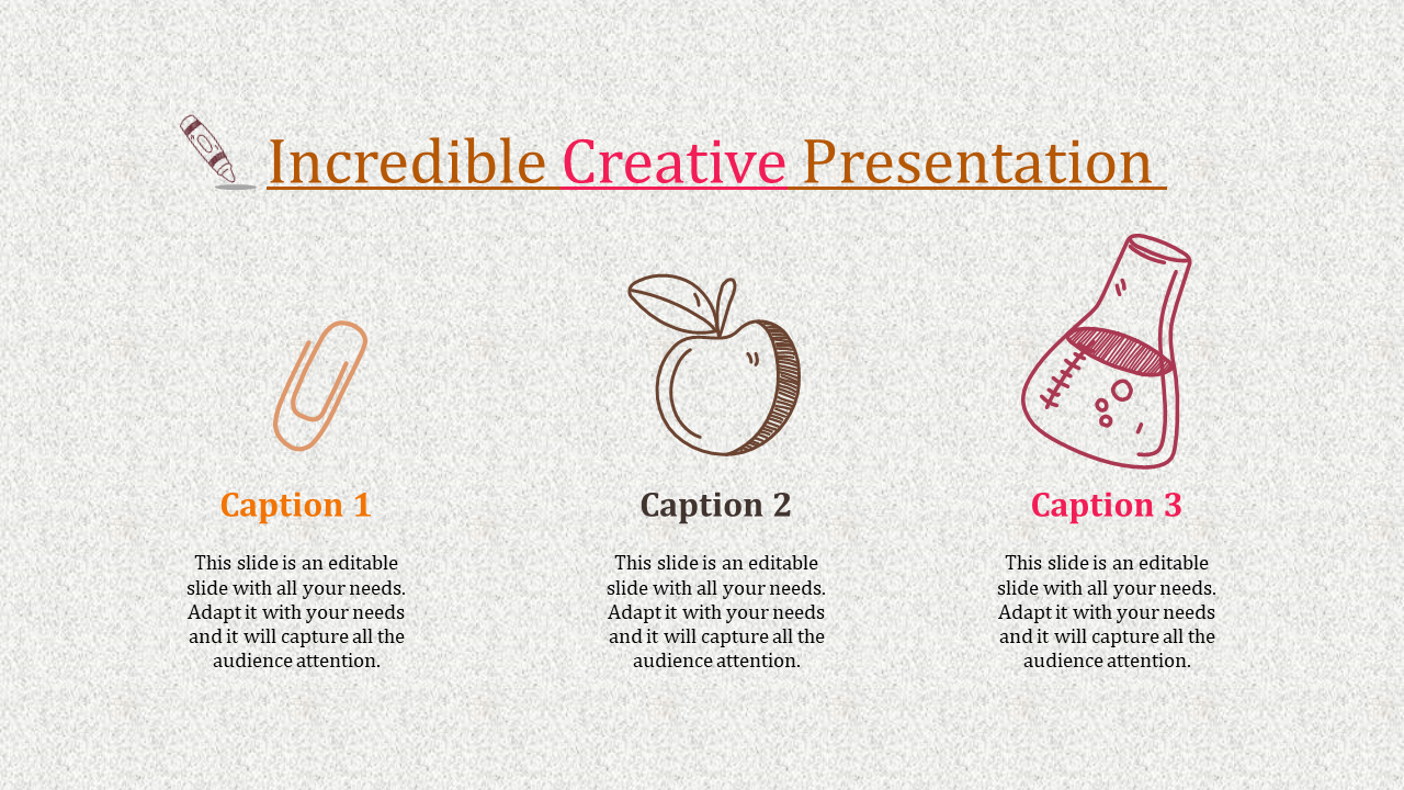 Gray textured background with three sketched icons of a paperclip, an apple, and a flask, each with captions below.