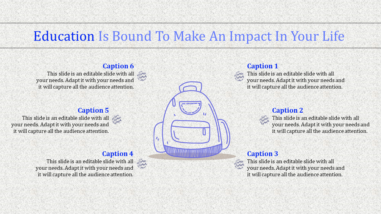 Educational slide with a central backpack illustration and six captions around it, promoting the impact of education.