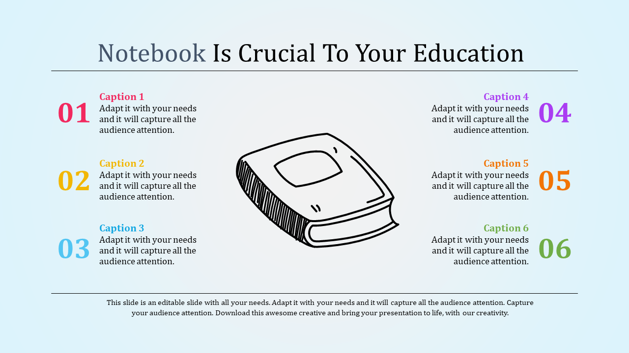 Notebook themed PowerPoint slide with colorful captions and a hand drawn notebook illustration.