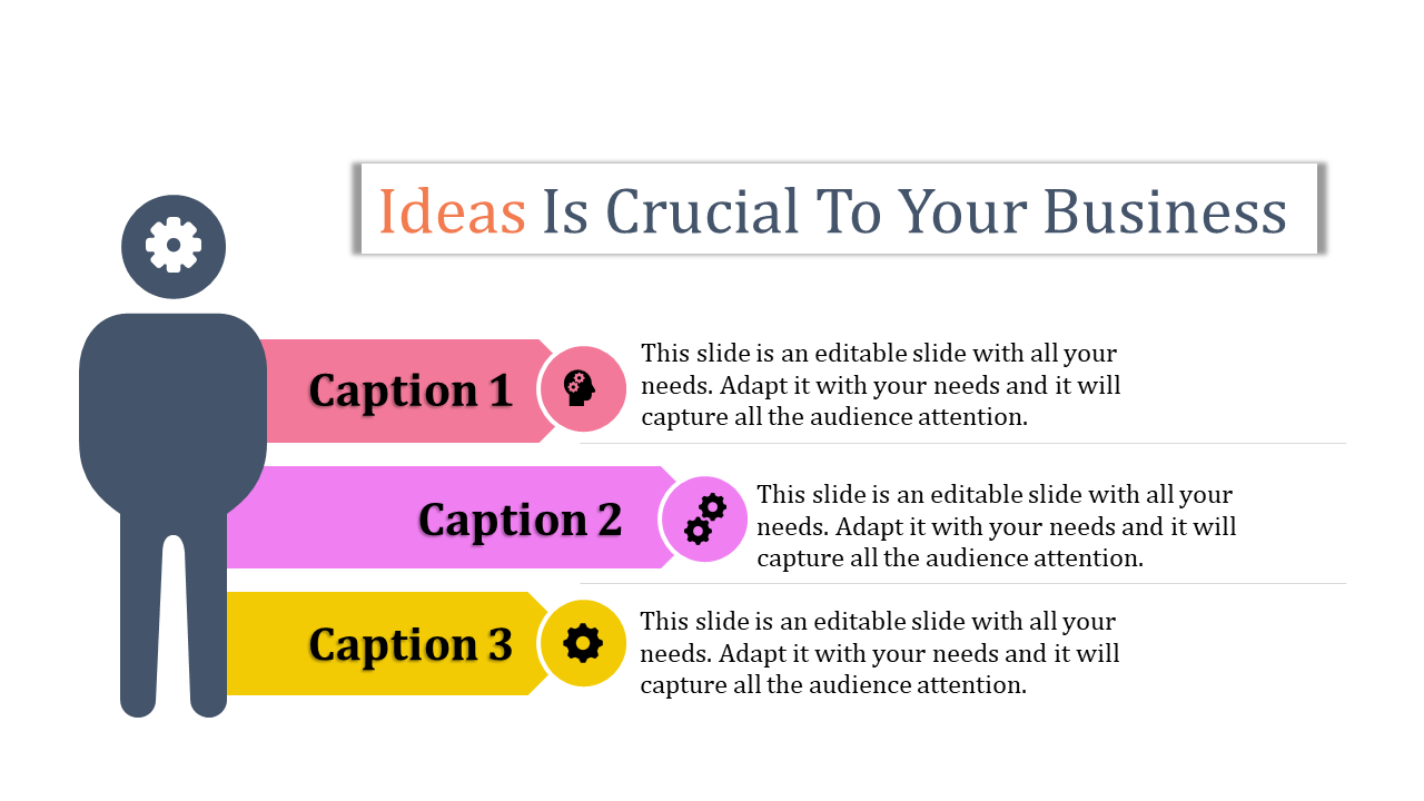 PPT slide featuring a silhouette with a gear icon, alongside three captions in colorful boxes representing business ideas.