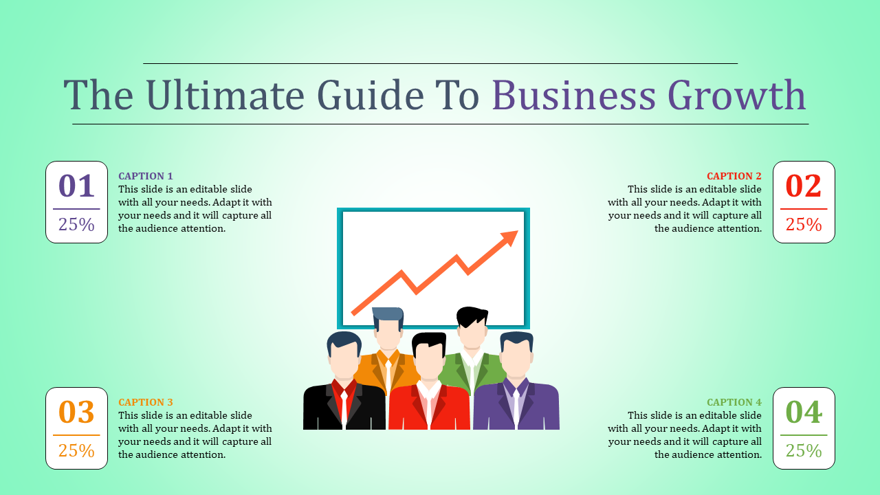 Business growth template showing four captions with percentages, surrounding a graphic of people and a growth chart.