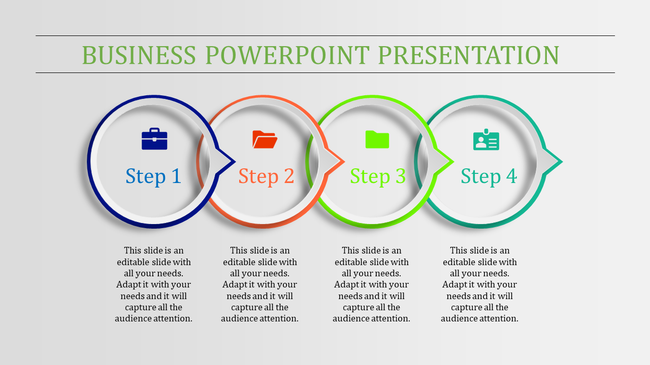 Business PPT presentation template with four circular steps featuring icons for progress tracking with placeholder text.