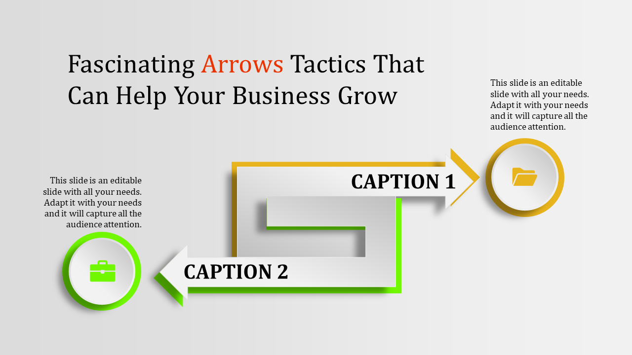 Arrow themed PPT slide showcasing a zigzag path with two captions and business related icons on a gray background.