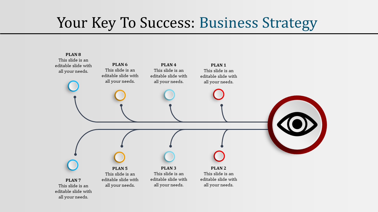 Business strategy template with a branching diagram, illustrating multiple plans leading to a central vision icon.