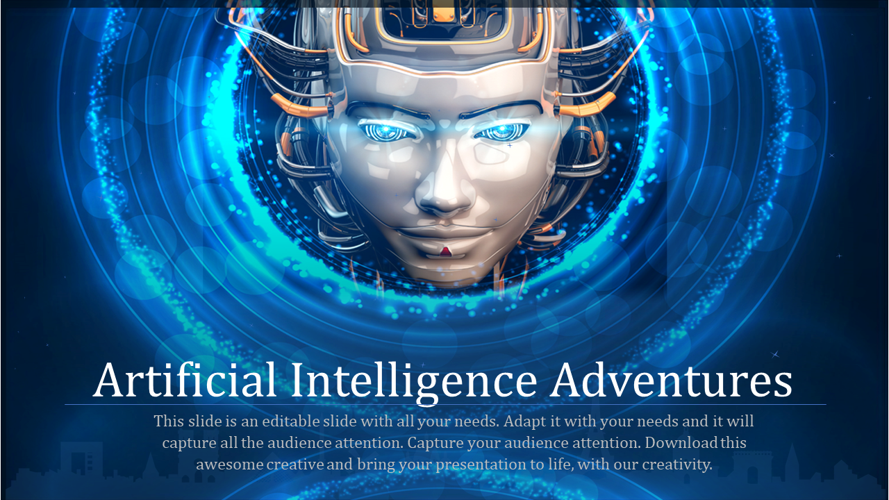 A futuristic robotic face in the center, surrounded by glowing blue rings, with text below about artificial intelligence.