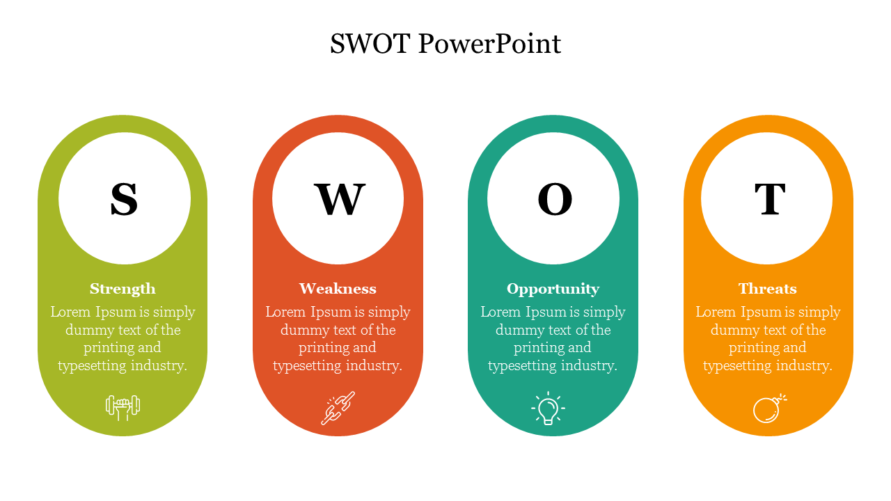 SWOT PowerPoint slide featuring four sections Strength, Weakness, Opportunity, and Threats with icons and placeholder text.